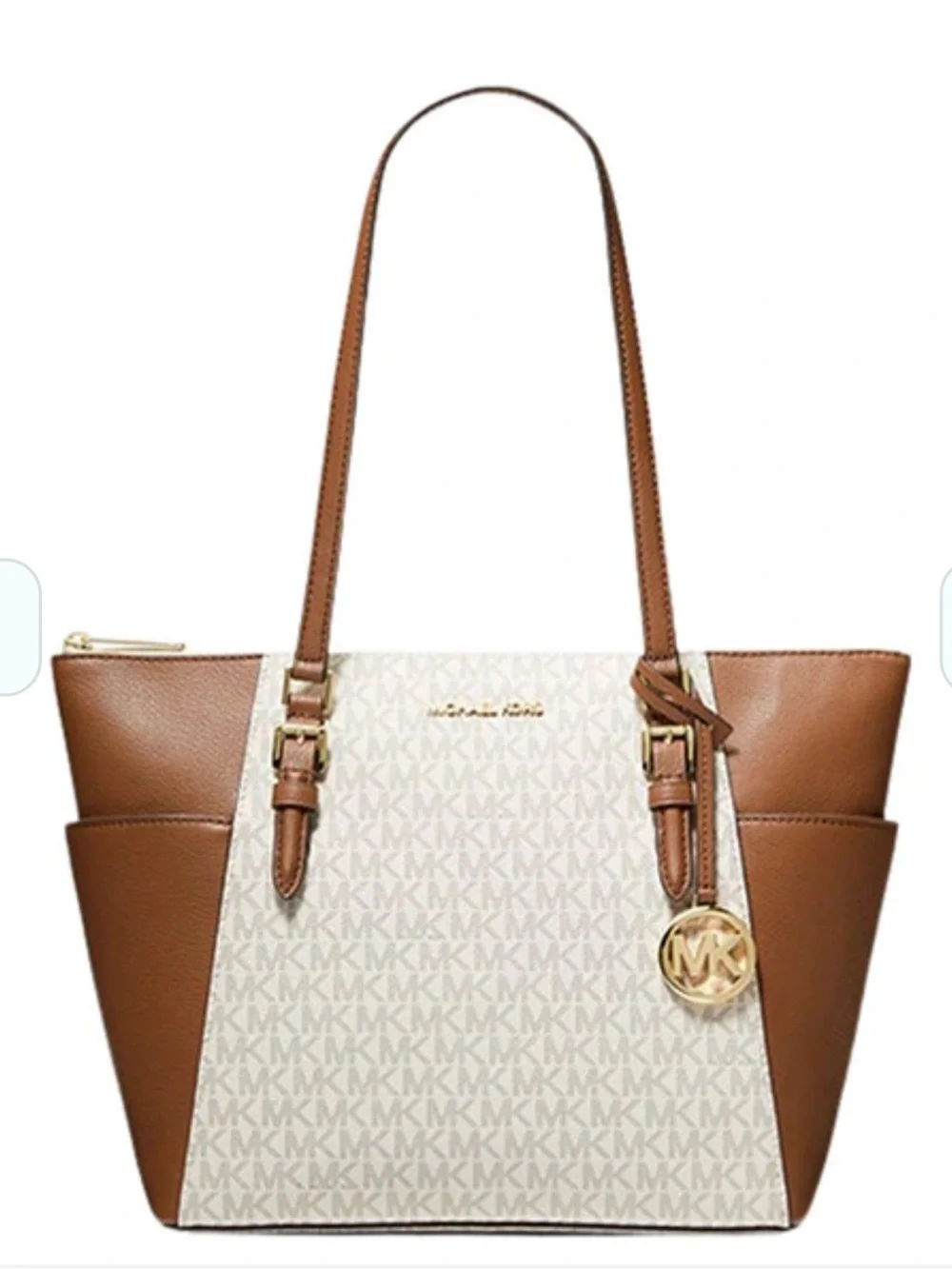 Michael Kors White and Brown MK Signature Tote